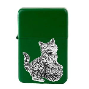 A42 Kitten Cat Wool Pewter design on a GREEN flip top petrol lighter windproof - Picture 1 of 1