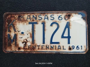 1960 Kansas License Plate Tag -  KM-T124 KINGMAN County - "CENTENNIAL 1961" - Picture 1 of 2