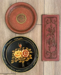 Lot Hand Painted Paper Mache Plates Japan Antique Carved Chinese Panel - ESTATE - Picture 1 of 15