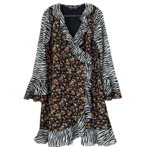 Vestido Floral Ditsy Estampado de Cebra Volantes Envolvente Manga Campana Negro Tostado Talla EE. UU. 10 de ASOS - Imagen 1 de 12