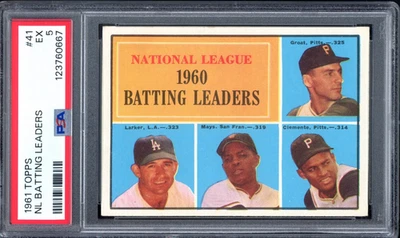 1961 Topps #41 NL Batting Leaders Clemente - Mays PSA 5 Baseball Card (0667) - Image 1 of 2