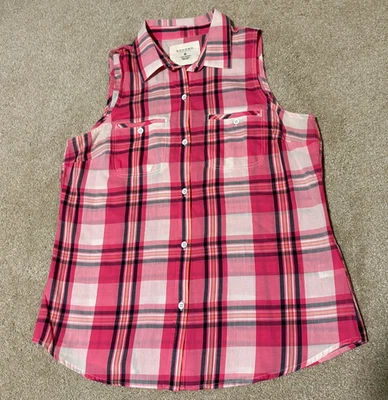 Blusa regata feminina Sonoma sem mangas colarinho botões rosa branco xadrez, tamanho M - Imagem 1 de 4