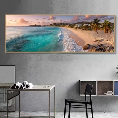 Panoramic View Tropical Beach with Palm Trees Canvas Print Wall Art Home Decor - Image 1 of 4