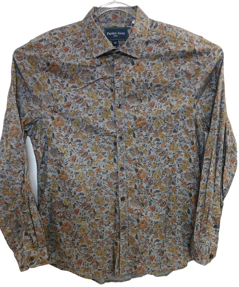 Camisa social masculina paisley e cinza XL floral multicolorida slim fit botão para baixo algodão - Imagem 1 de 4