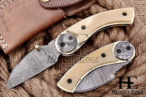 HUNTEX Custom Handmade Damascus 110mm Long Hunting Folding Pocket Sheepfot Knife - Picture 1 of 6
