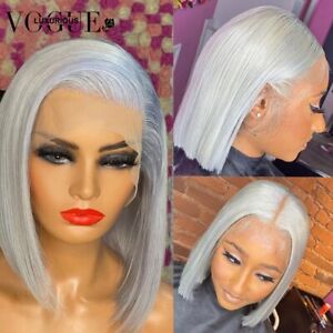 Silver Grey 60 Blonde Bob Lace Front Human Hair Wigs Preplucked Straight Remy