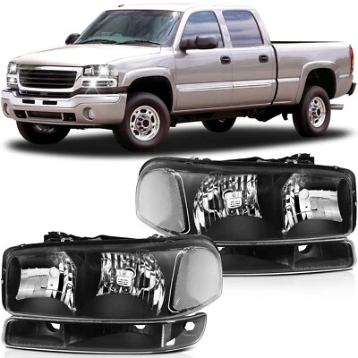 Fits 1999-2007 GMC Sierra Yukon Headlight Assembly Black Housing Left+Right Pair - Image 1 of 4