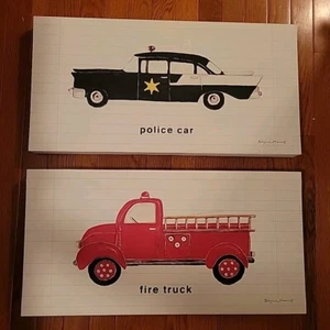 Canvas Wall Art Set For Baby/Child/Boy -Nursery Room- Firetruck And Police Car - Picture 1 of 15