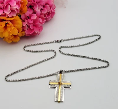 Ralph Lauren Crystal Cross Necklace 24 Inch Silver Gold Two Tone Stainless Steel - Image 1 of 4