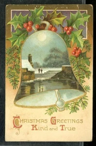 1910 Vintage Weihnachts Postkarte MONDSCHEINNACHT & WEIHNACHTSGLOCKE geprägt verschickt - Bild 1 von 2