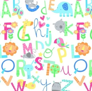 BOLT END 34 INCHES Alphabet Animals ABC On White Comfy Cotton FLANNEL Fabric - Picture 1 of 1