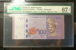 MALAYSIA BANKNOTE RM100 PMG67EPQ LOW NUMBER BQ0000042 ZETI GABENOR - Picture 1 of 2