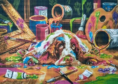 JOY SUNDAY Puppy Loves To Paint - 14 Count Cross Stitch Kit - Aida Size 53 x 41cm
