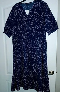 BLOOMCHIC 3X Navy Blue Polka Dot Long Dress Ruffle Hem Short Sleeve NEW - Picture 1 of 5