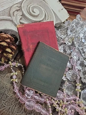 Old Christmas Red N Green Antique Little Leather Library 1920s Collectible Pair - Image 1 of 4