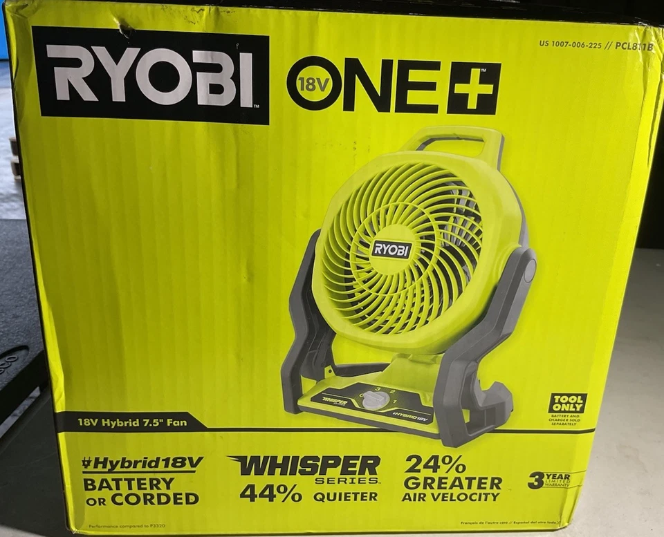 (RI4) RYOBI ONE 18V Hybrid WHISPER SERIES 7.5 in 3-Speed Fan PCL811B