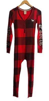 Victoria's Secret PINK Red Buffalo Plaid Holiday Union Suit Pajama Sequin Sz XS - Image 1 of 4