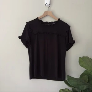 Karl Lagerfeld Ruffle Blouse Button Keyhole Back Solid Black Stretch Polyester L - Imagen 1 de 11