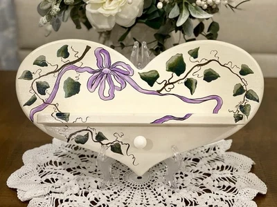Folk Art Hand Painted Heart Shaped Wood Shelf Cottage - Image 1 of 4