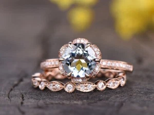 Aquamarine Diamond Set Art Deco Engagement Ring 14k Gold Fine Jewelry - Picture 1 of 4