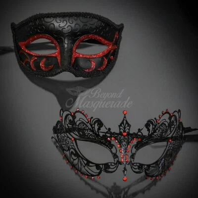 Couple's Masquerade Masks | Extravagant Masquerade Masks Classic Black Red - Image 1 of 4
