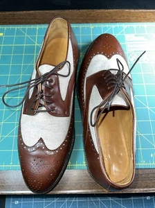 Johnston & Murphy👞Sz 9.5D Men Brown/Cream Lthr/Canvas Two-Tone Wingtip Brogue - Picture 1 of 24