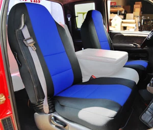 DODGE RAM 1500 2500 3500 1998-2002 BLACK/BLUE VINYL CUSTOM FRONT SEAT COVERS - Picture 1 of 6
