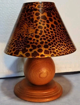 Tea Light Candle Cheetah/Leopard Pattern Glass Shade Turned Wood Base Pre-Owned  - Image 1 of 4