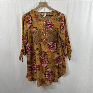 Fig & Flower Mustard Yellow Floral Boho Tunic Popover Top Womens Size 1X - Picture 1 of 10