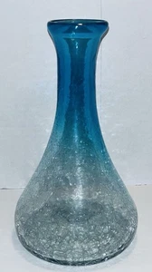 Vintage mundgeblasene Crackle Kunst Glas Aqua blauer Rand Karaffe Vase Mexiko - Bild 1 von 9