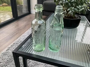 Antique Vintage Green Glass Bottles One Has Marble 9” - Picture 1 of 1