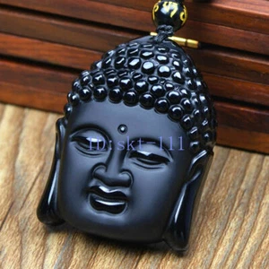 Obsidian Carved Buddha Amulet Pendant Necklace Sweater Handmade Gift Amulet - Picture 1 of 3