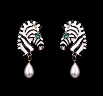 Gold Alloy Enamel Zebra Head Earrings with Green stones and Simulated Pearls - Image 1 of 3