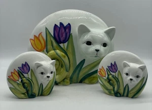 Ceramic Kitty Cat Family Figures Decorations Figurines Tulips Flowers Set 3 - Picture 1 of 17