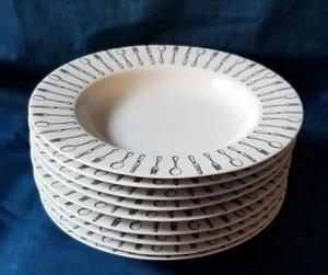 9 PIER 1 PER26 9 1/4" RIMMED SOUP BOWLS BLACK FORKS SPOONS KNIVES EXCELLENT - Picture 1 of 8