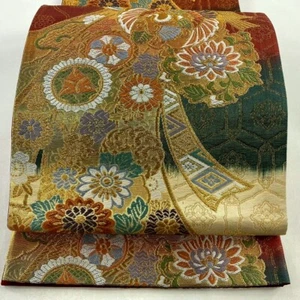 Kimono japonés SEDA FUKURO OBI, hilo/lámina de oro, pájaros, cinta, L14'2"..3134 - Imagen 1 de 15
