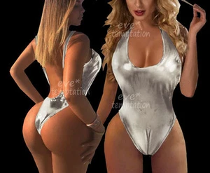 One Piece Metallic Swimmer Leather Bodysuit Babydoll Lingerie Shinny Catsuit 1pc - Picture 1 of 5