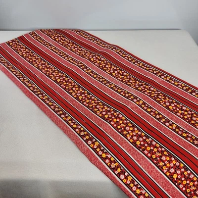 Vintage 1960's Fabric Remanent 1 yard 18" Red Stripe Yellow Floral Stiff Cotton - Image 1 of 4