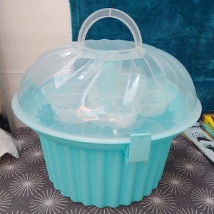 Carrier Holds 21 Cupcakes Fairy Cakes Handles 3 Tiers Tub Blue Clear Lid - Picture 1 of 10
