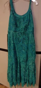 WOMENS JONES WEAR DRESS GREEN-BLUE TIERED DRESS LINED MIDI SIZE 14 SLEEVELESS - Picture 1 of 8