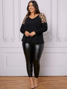 Elegant Classy Bejeweled Plus Cut Out Rhinestone Black Long Sleeve Peep Top - Picture 1 of 3