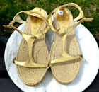 Delman Y2K Vintage Espadrilles Cork Wedge Flats Gold Leather 9 T-Strap Sandals