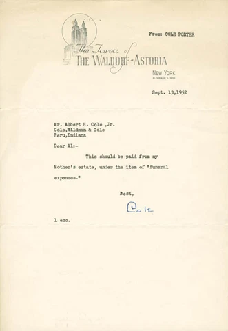 COLE PORTER - TYPED LETTER SIGNED 09/13/1952 Cover