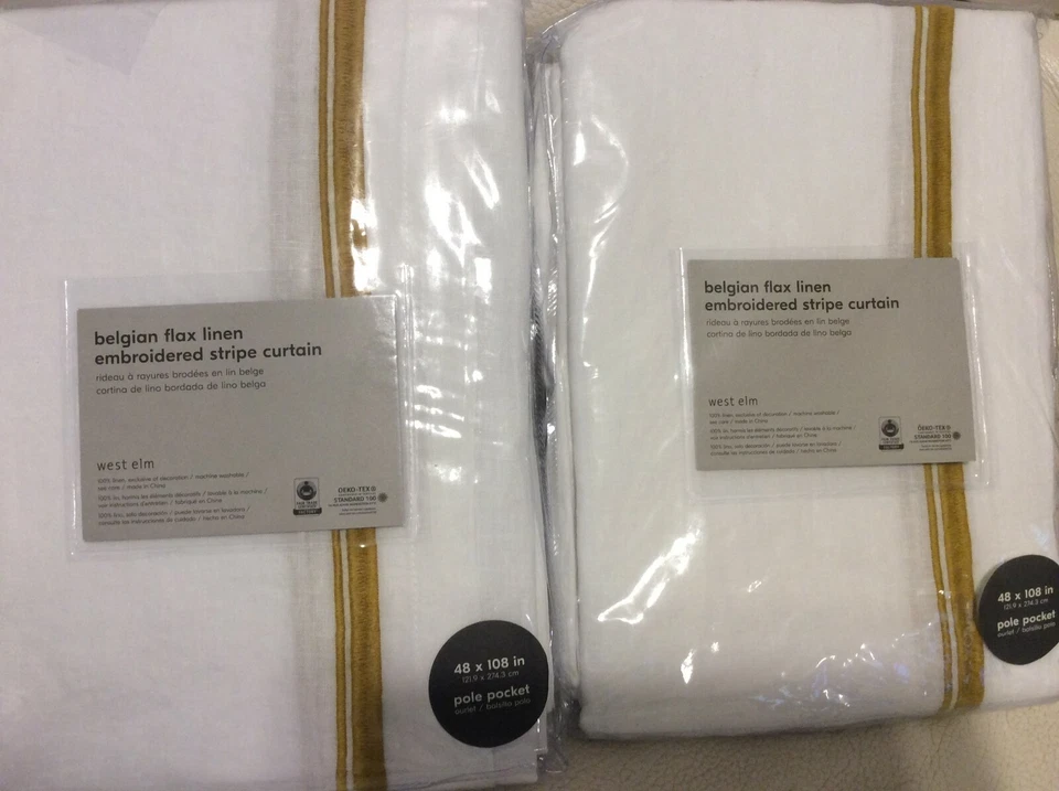 West Elm 2 Belgian Linen Embroidered Stripe Curtain 48x108 White Dk Horseradish  - Image 1 of 1