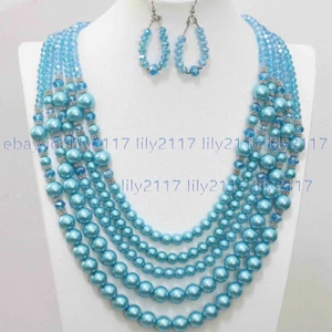 5 Rows Sky Blue Round Shell Pearl Faceted Crystal Glass Beads Necklace Earrings - Picture 1 of 5