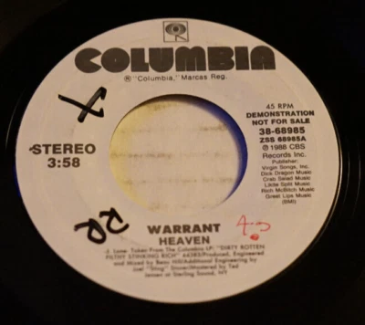 Warrant - Heaven White Label Promo single 1988 CBS Records, (38-68985) Vg+/Vg++ - Image 1 of 4