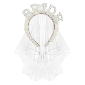 Pearl Bride Headband with Veil - Bridal Shower and Bachelorette Party Decoration - Picture 1 of 12