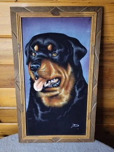 Quadro vintage in velluto messicano Rottweiler arte incorniciata 13,5" x 22,5" firmato - Foto 1 di 6