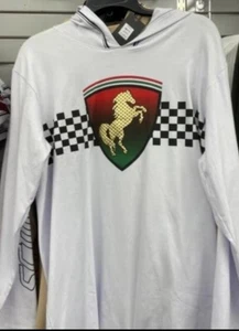 NWT Bucheli White LS Hooded T-Shirt Slim Fit Ferrari Gold Stud Logo S M L Or XL - Picture 1 of 3
