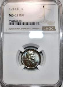 1913 D Lincoln Cent NGC MS62 BN, Attractively toned, Sharp Specimen. - Picture 1 of 4